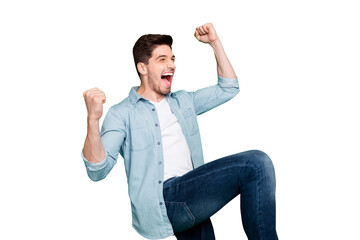 Profile photo of amazing crazy guy yelling loudly celebrating favorite football team victory raise...