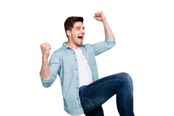 Profile photo of amazing crazy guy yelling loudly celebrating favorite football team victory raise fists and leg wear denim shirt isolated green color background