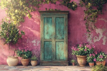 Fototapeta premium Antique wooden door on a pastel pink wall with potted plants.