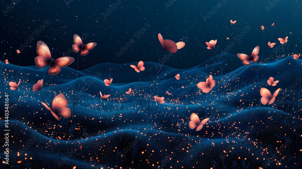 Aufkleber enchanting fantasy landscape with wireframe terrain and glowing fireflies. peach butterflies flutter