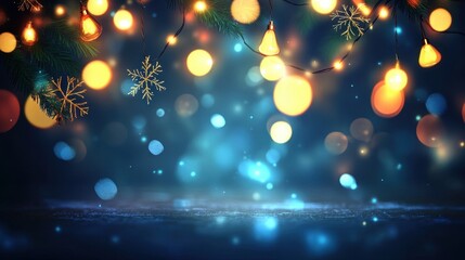 Festive Christmas background with lights, snowflakes, and bokeh. Perfect for holiday themed designs and promotions.
