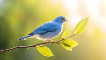 Vivid blue bird perched on a branch, sunlight illuminating its feathers and verdant leaves