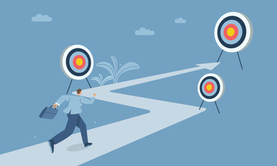 Short-term, medium-term and long-term business goals concept, Businessman running towards goal step by step, Corporate success target creation, Flat vector design illustration.