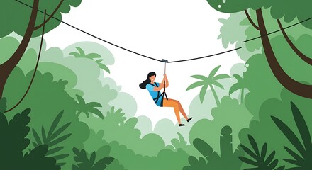 Woman Zip Lining Through Jungle Adventure Illustration