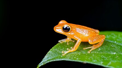 Obraz premium Vibrant orange frog perched on a lush green leaf against a stark black background