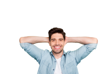 Photo of cheerful handsome attractive man holding his head with hands having relax after difficult work day isolated over green vivid color background