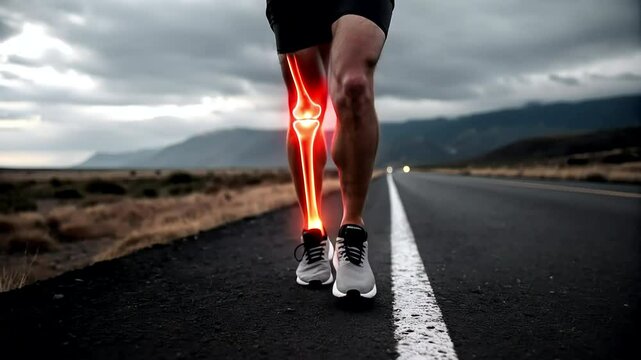 Injured athlete knee in pain during outdoor run on asphalt road with highlighted joint inflammation, symbolizing muscle strain