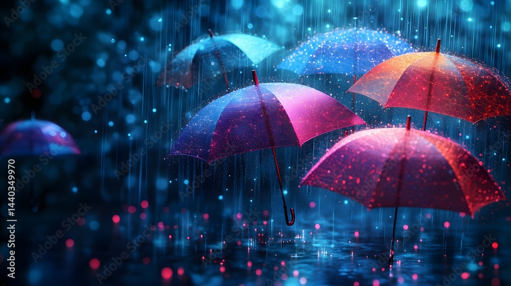 Poster a captivating rainy scene showcasing vibrant, translucent umbrellas glowing with dotted light, creat