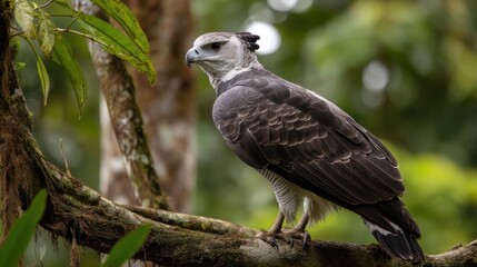 Obraz premium Harpy Eagle Juvenile Perched on Mossy Branch, Rainforest Canopy