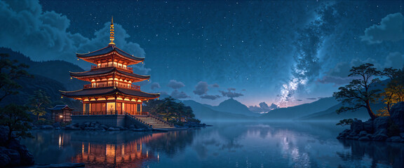 Serene Night Scene Illuminated Pagoda by Tranquil Lake under Starry Sky