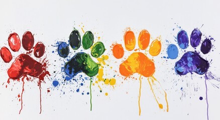 Colorful paw prints, vibrant rainbow colors, artistic design, paint splatters