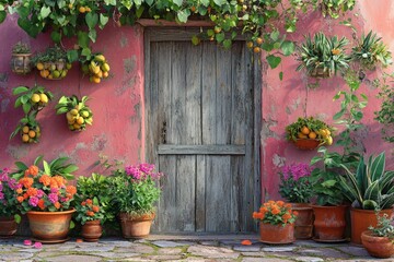 Fototapeta premium Rustic facade with vibrant garden and hanging fruit.