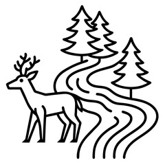 Deer near river and trees design in vector line art style
