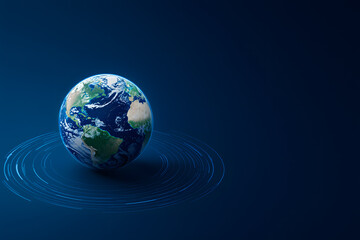 Fototapeta premium Globe, surrounded by blue concentric circles on dark background