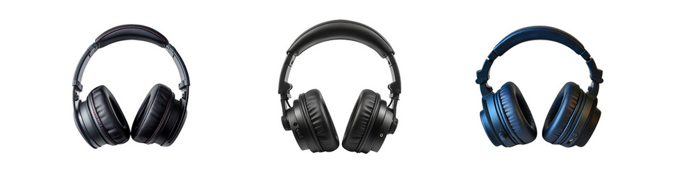 A collection of three pairs of stylish over-ear headphones isolated on a transparent background.