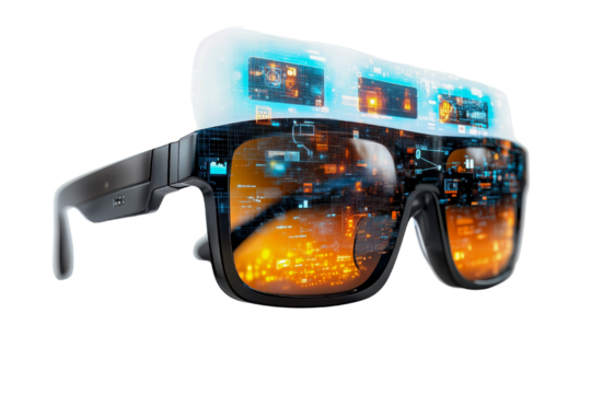Futuristic smart glasses with digital augmented reality interface isolated on a transparent background.