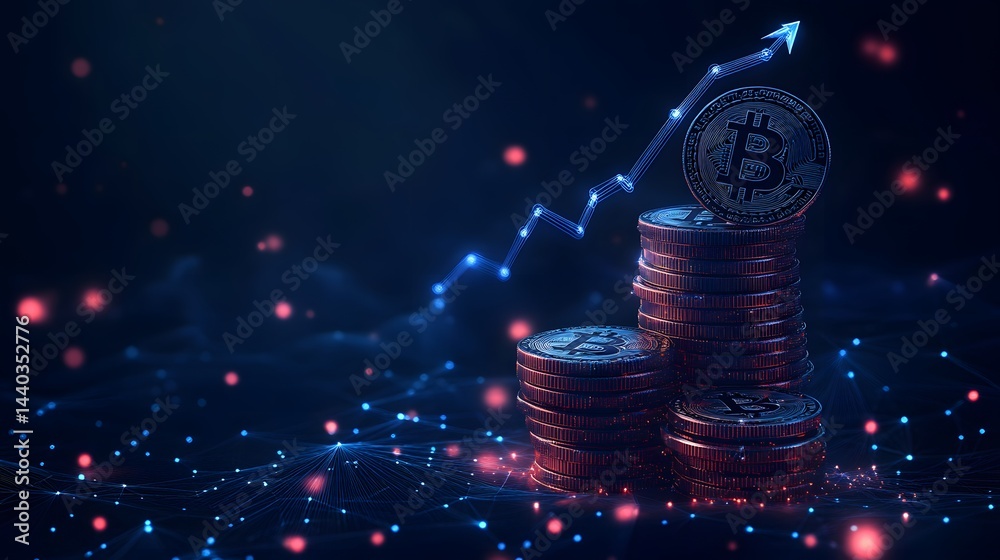 Poster Bitcoin's value surges in a digital network, highlighted by an upward arrow. Represents cryptocurrency growth, investments and blockchain technology. Abstract wireframe in dark blue