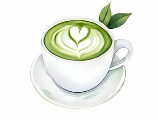 A beautifully crafted cup of matcha latte, featuring intricate leaf patterns and fresh green leaves, sits elegantly on a saucer.