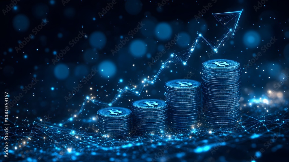 Poster visualize cryptocurrency growth with bitcoin stacks and rising graph! ideal for finance, tech, inves