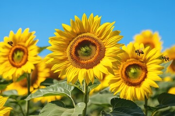Fototapeta premium Sunflowers bloom under a clear blue sky with bees buzzing in a vibrant field during summer
