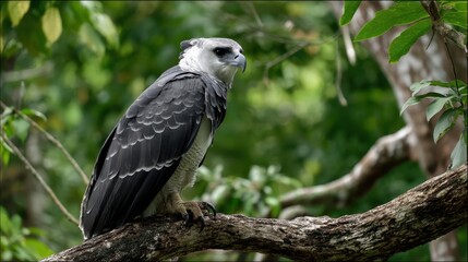Harpy Eagle Juvenile Perched on Branch, Lush Green Rainforest Canopy