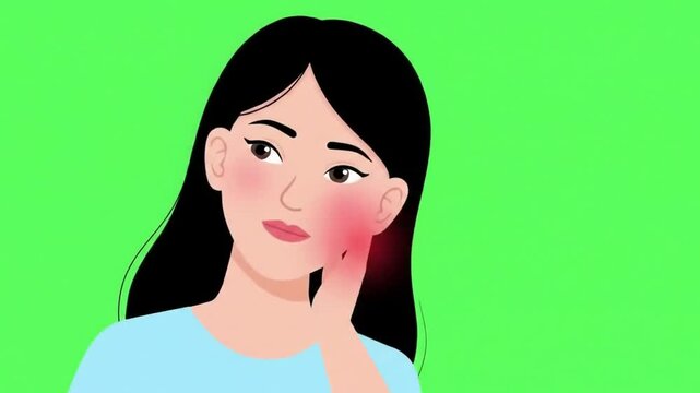 Woman Experiencing Face Pain Animated Illustration on Green Screen
