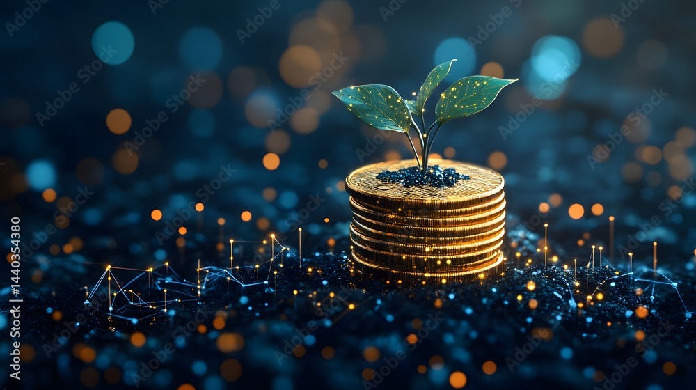 Poster gold coins stacked with a green plant symbolize financial growth against a dark backdrop. bokeh ligh