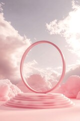 Pink cloud podium with dreamy sky.