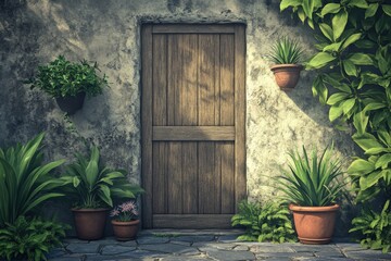Fototapeta premium Rustic exterior door with lush greenery.