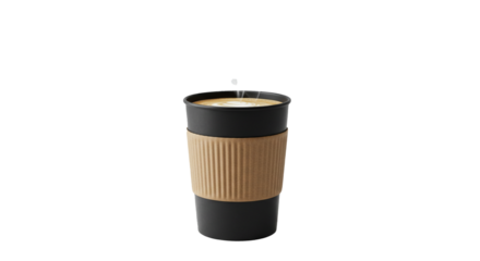 Steaming latte in a black cup with cardboard sleeve, set against a transparent background graphic.