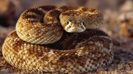 Obraz premium Desert Diamondback Rattlesnake Close-Up: Coiled and Alert in Sandy Habitat