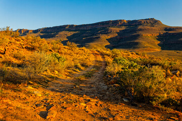 Rough gravel track with long shadows at sunset