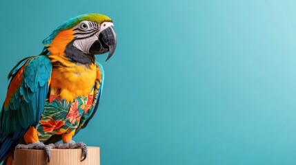 A vibrant parrot perched on a wooden stand against a bright teal background, showcasing its colorful feathers and floral-patterned attire, Ideal for nature-themed projects, pet care