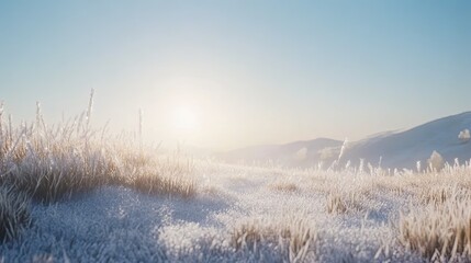 Fototapeta premium Frosted grass morning, realistic, cinematic light, sharp focus.