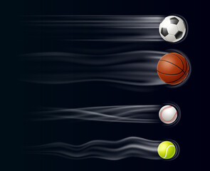 Spiral air flows from flying sports balls on dark background. Flight stream trail. Soccer kick. Athletic match. Basketball and tennis pass. Baseball shot. Speed motion traces vector set