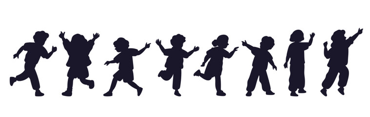 Silhouette boys and girls playing. Children running and jumping. Cheerful bouncing people. Joy emotion expression. Happiness position. Holiday celebration. Joyful jumpers vector set
