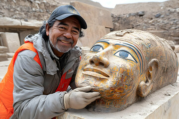 Archaeologist examines ancient egyptian statue head