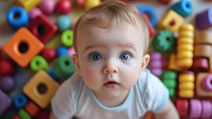 Obraz premium Baby kids toys frame on background, Toy many colorful educational wooden. play, Top view, executive function, kid, skill, education, intelligence quotient, emotional quotient, childhood, development