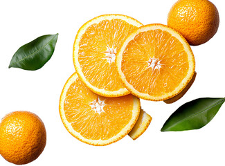 Fototapeta premium Sliced orange with leaf, a realistic photograph of fresh oranges isolated on a transparent background,