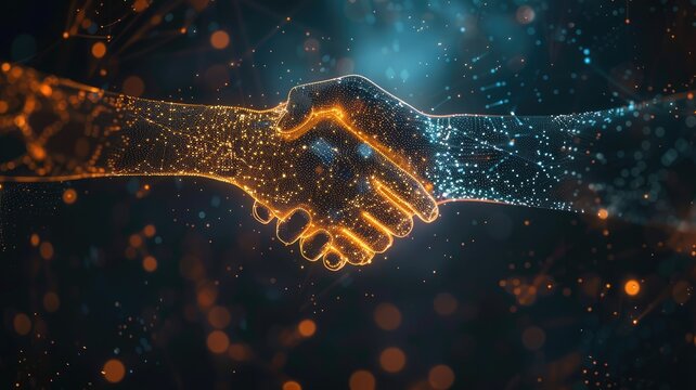 A digital representation of two hands shaking, symbolizing collaboration and unity. This image showcases a blend of light and technology, embodying partnership and trust.