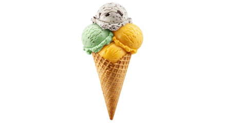 Colorful ice cream cone featuring three scoops stacked high on a crispy waffle cone, isolated.