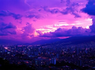 Obraz premium Cityscape at Dusk with Purple Sky, Clouds, and Glowing City Lights. Urban Evening Skyline View with Atmospheric Light for Travel, Lifestyle, and Editorial Backgrounds