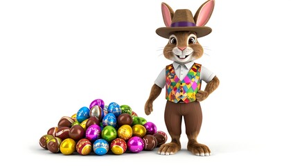 Obraz premium Colorful Cartoon Rabbit with Easter Eggs in a Hat and Vest Standing Next to Pile of Eggs