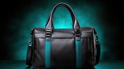 A stylish black handbag with turquoise accents is showcased against a moody teal background, perfect for fashion catalogs, blogs, or e-commerce platforms highlighting accessories,