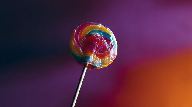 A colourful candy lollipop on a stick, isolated, evokes school days with its crayon-like colours
