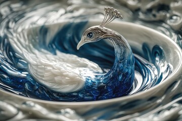 Intricate glass peacock sculpture rests in swirling blue and white display