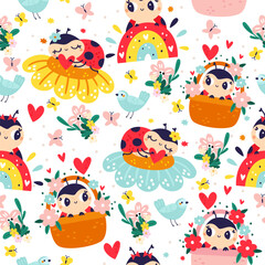 Cute little ladybug bug sitting on flower seamless pattern. Cartoon insect characters. Blossoms basket. Animal sleeping on bloom bud. Happy ladybird with rainbow. Vector background