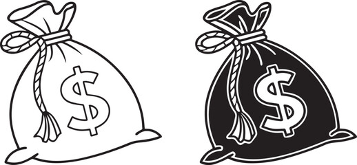 Money bag with Dollar sign. Round icon with long shadow on red or blue background