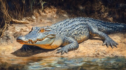 Obraz premium Large crocodile basks in sun near water