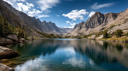 Serene mountain lake reflecting a dramatic sky.  Possible use for desktop backgrounds or nature photography